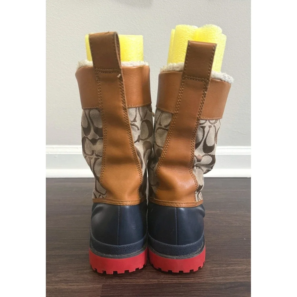 Coach Women's Laura Brown Leather Signature Monogram Lace Up Duck Boots Size 6.5